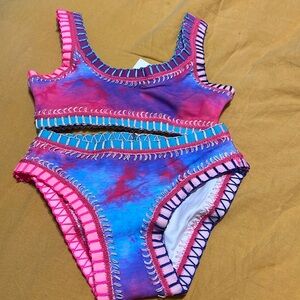 Platinum by Solange Ferrarini Girl’s Swimwear Set Crochet Trim Del Mar Tie Dye